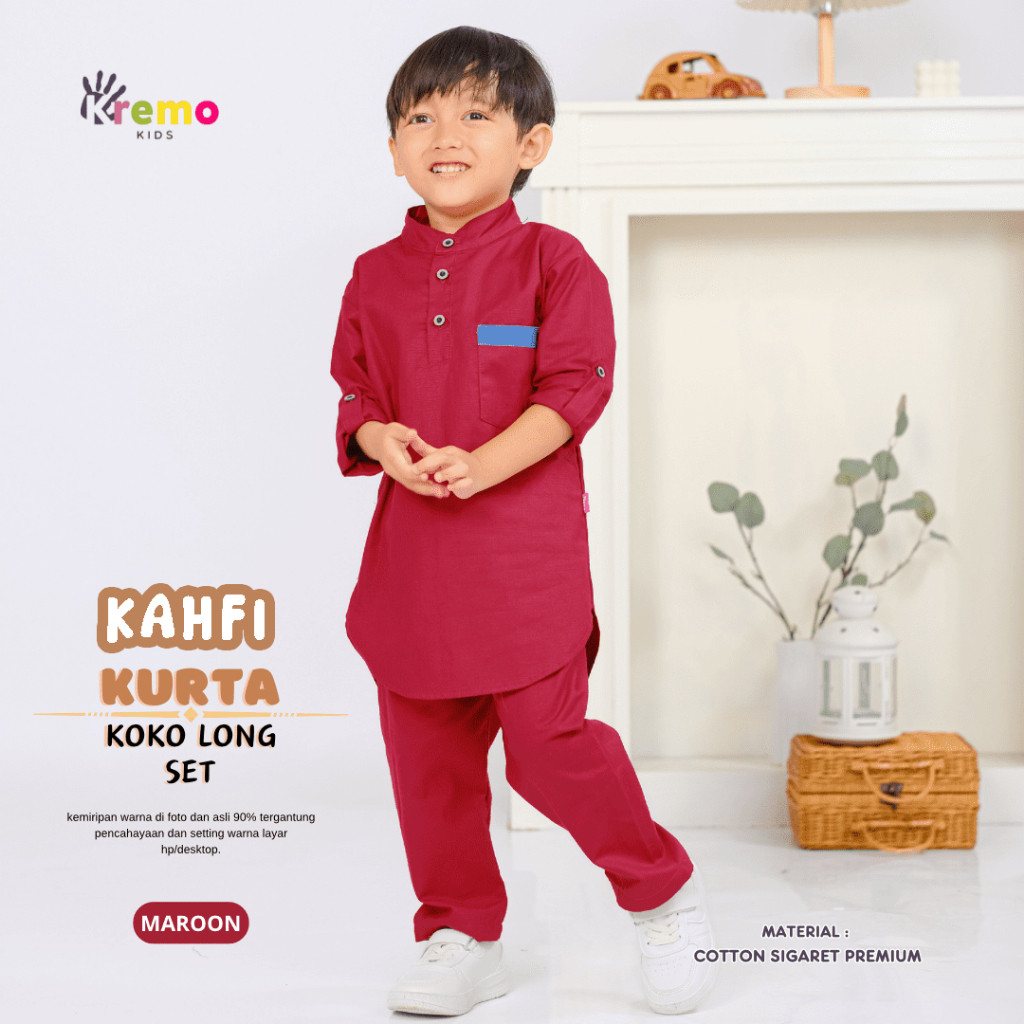 Kremo Kids - Baju Koko Kurta Panjang Anak Laki Laki Kahfi Series 1 - 12 Tahun (Maroon)