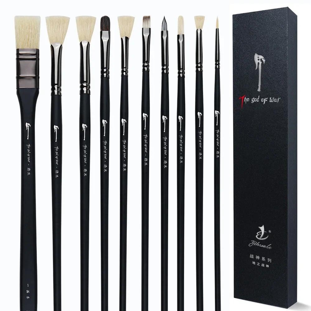 

10 Pcs Set Paint Brushes Bristle Hair Professional Drawing Long Black Rod Painting Brush Oil Acrylic Watercolor Art Supplies