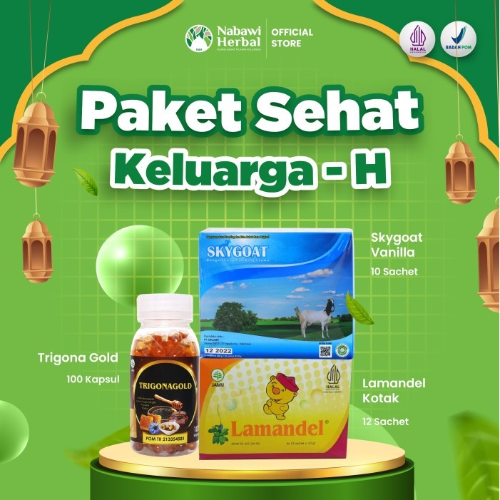 

PAKET SEHAT KELUARGA H -Skygoat Vanilla - Lamandel kotak Isi 12 Sachet -Trigona Gold Isi 100 Kapsul