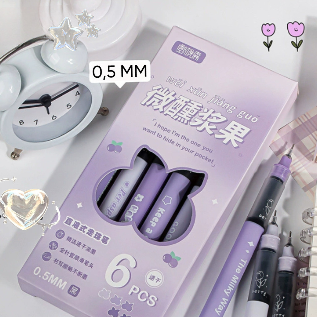 

1 SET 6 PCS PULPEN GEL 0,5 MM MOTIF PURPLE BUTTERFLY AESTHETIC QITH SIMPLE QOPTES OF LIFE / PULPEN AESTHETIC