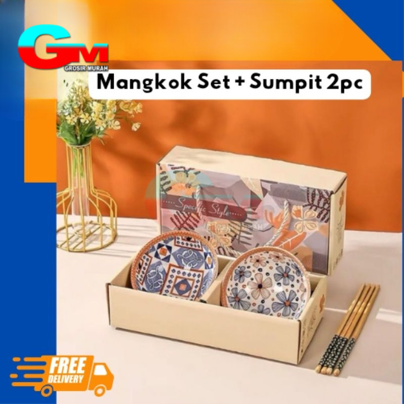 MANGKOK JEPANG SET KERAMIK + SUMPIT 2 PC