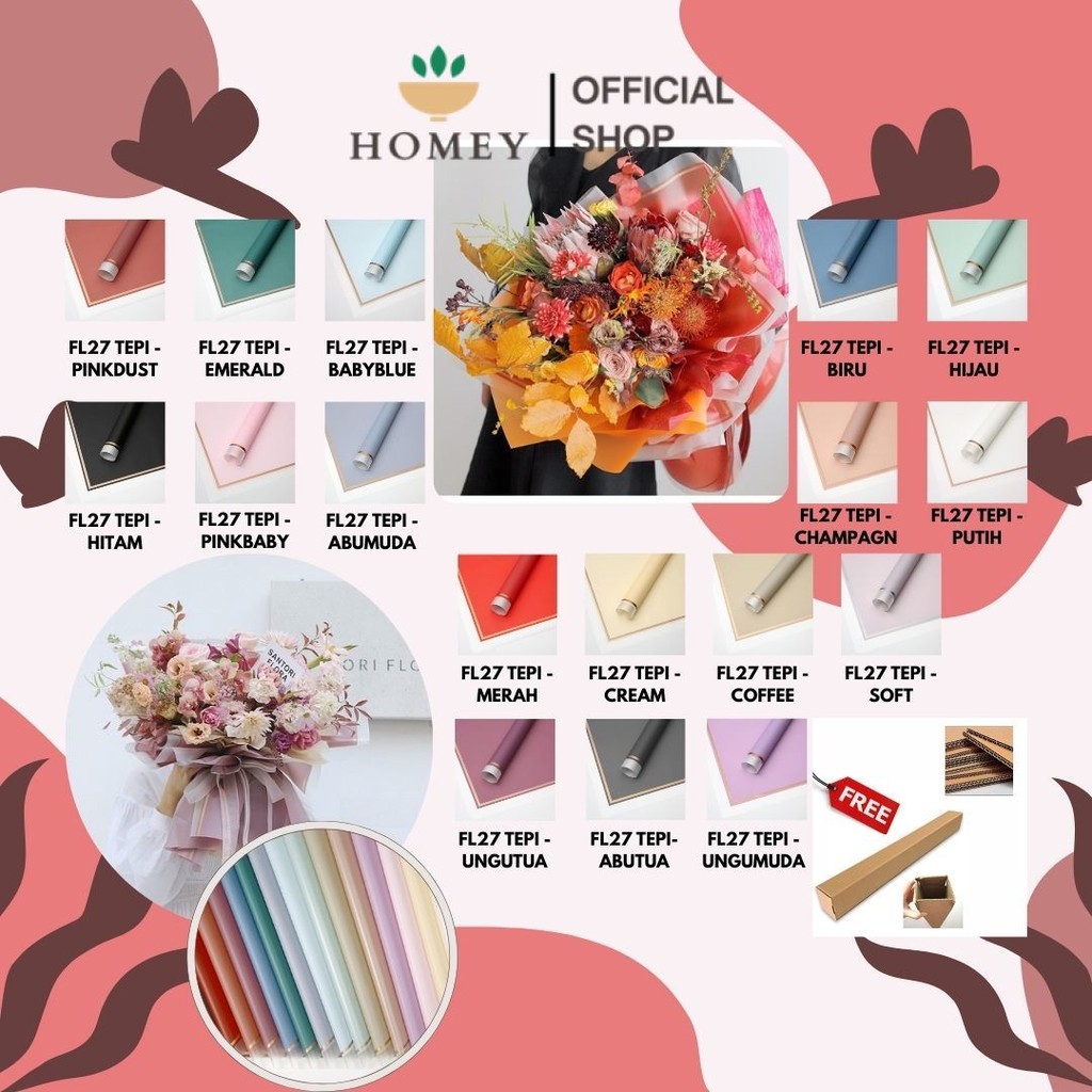 

HOMEY - (5 LEMBAR) - FL27 TEPI Kertas Bunga Paper Buket Motif Lis Gold Pinggir Transparant Florist Cellophane Wrapping