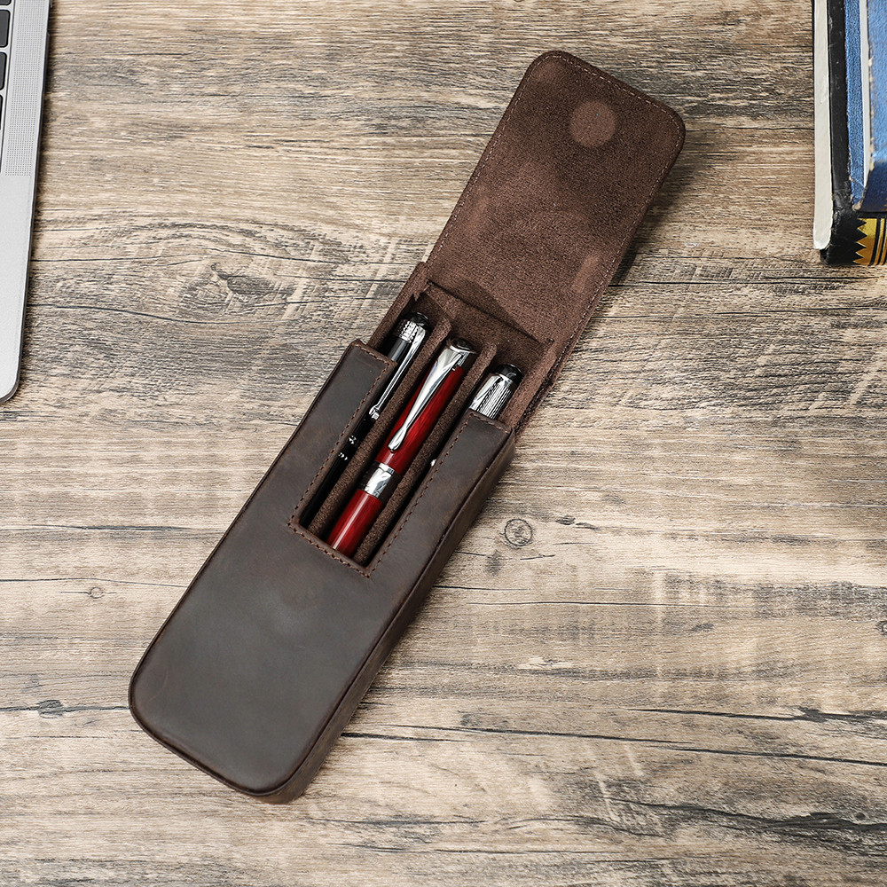 

Luxury Genuine Leather 3 Slots Pen Case With Removable Pen Tray Holder Pencil Case Office School Supplies Pouch Creative Gift