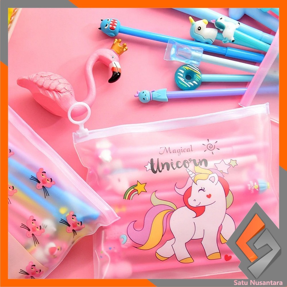 

KOREAN SN-A15 Pulpen Gel Karakter Lucu Set Isi 20PCS Pena FREE Zipper Pouch Tempat Pensil Transparan Murah
