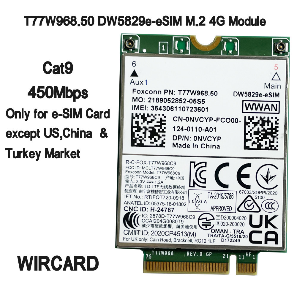 T77W968.50 DW5829e-eSIM DW5829e X20 LTE Cat9 450Mbps FDD-LTE TDD-LTE 4G Module For Dell 7320 7330 75