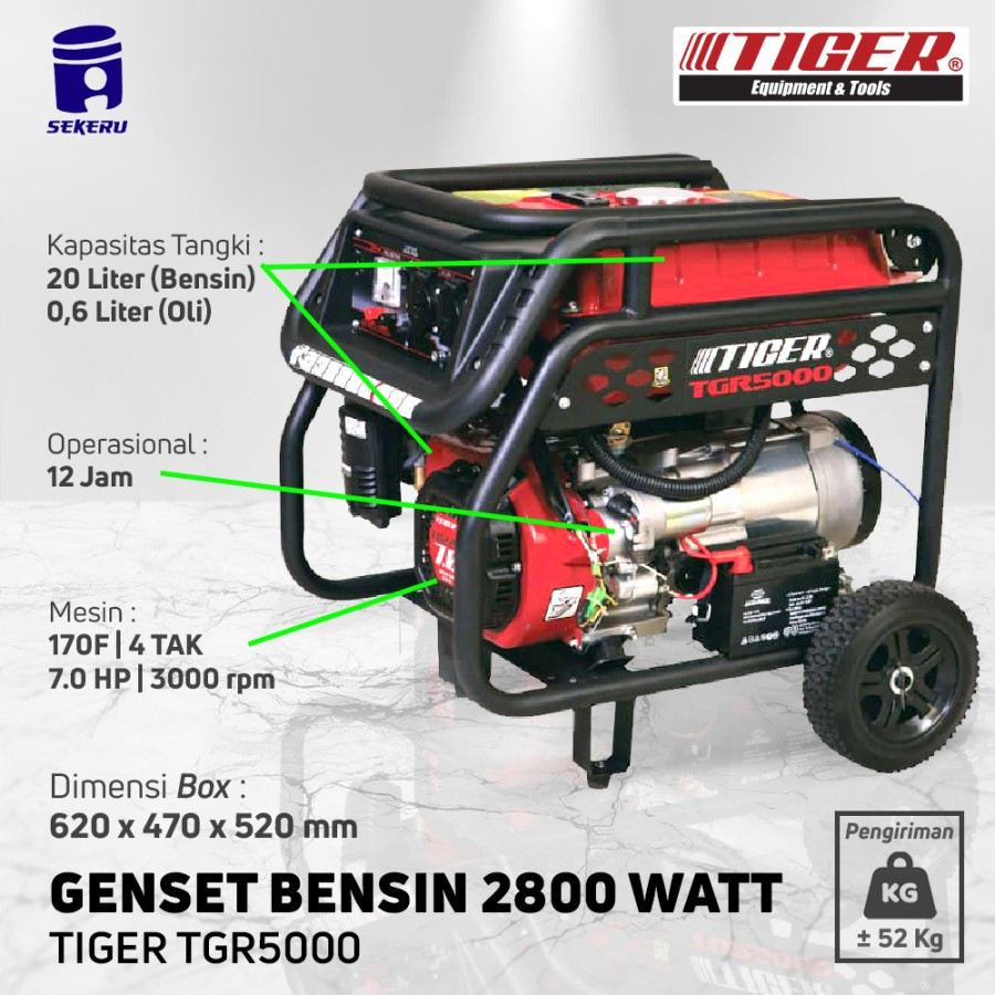 promo puncak TIGER Genset Generator Listrik TGR 5000 watt Bensin Gasoline