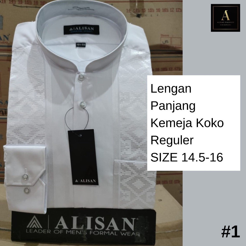 Alisan Kemeja Pria Lengan Panjang Kemeja Koko Putih Reguler