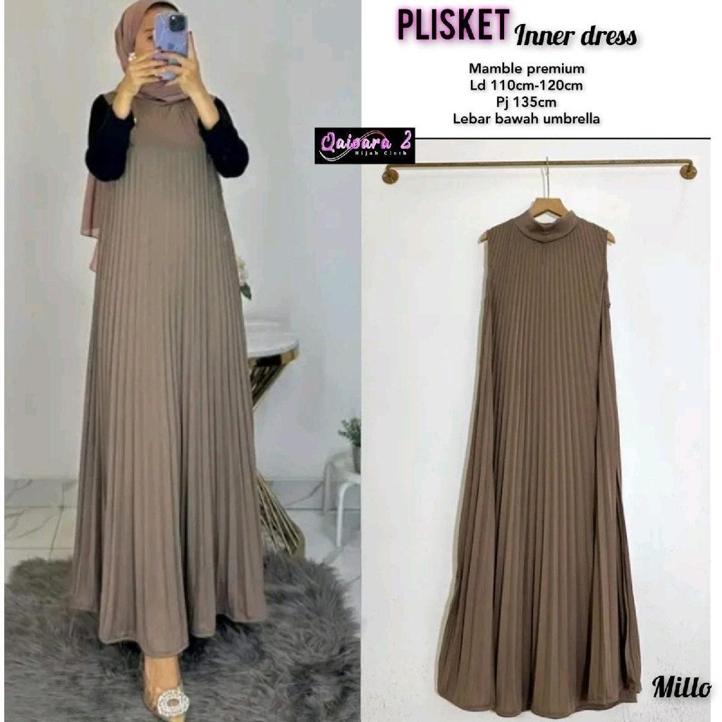 Inner/Overall Dress Plisket Polos Tanpa Lengan Premium