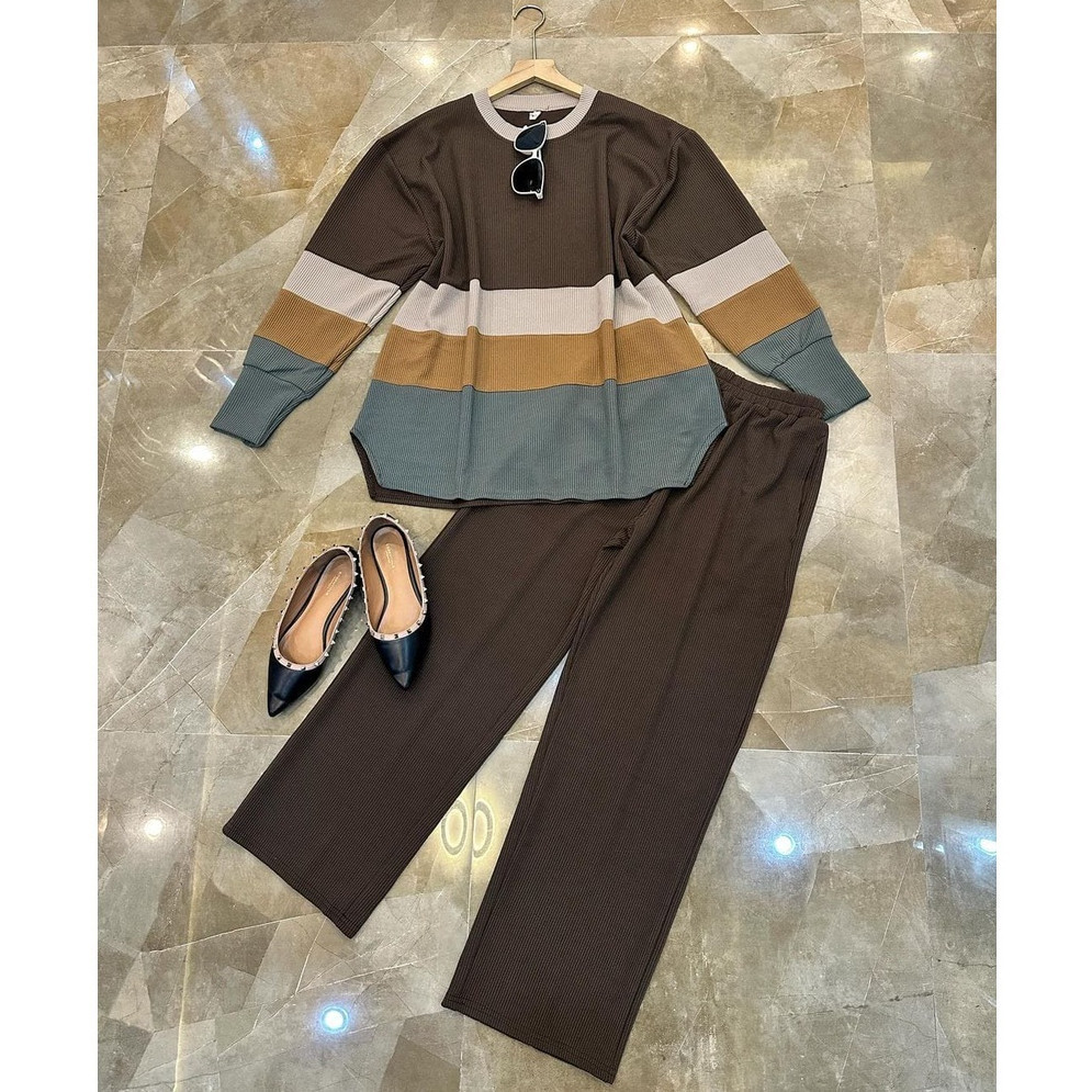 Vallina Outfit - Salsa One Set Stripe Tone Caramel Knitt Setelan Celana Wanita Muslim Modern Korean 