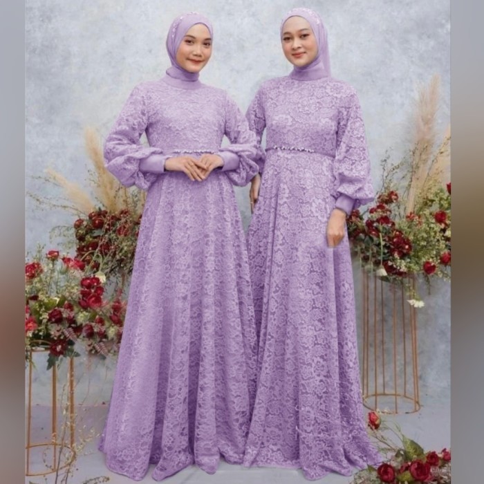 Gamis Gendis lilac dress baju muslim pesta mewah brukat tulang  - M