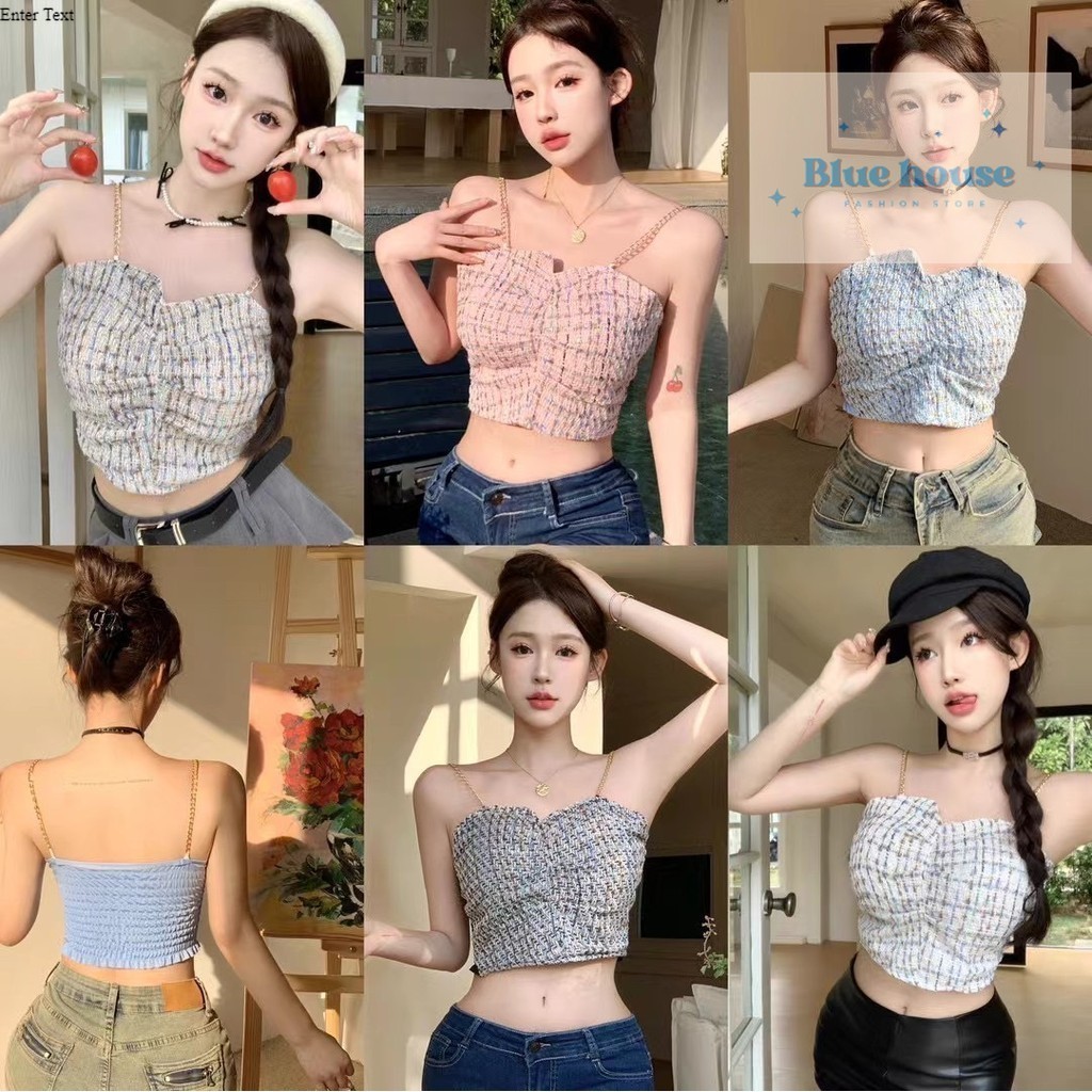 Tanktop Crop Top Garis Kotak Kotak Rantai Tengtop Sexy Chic Cute