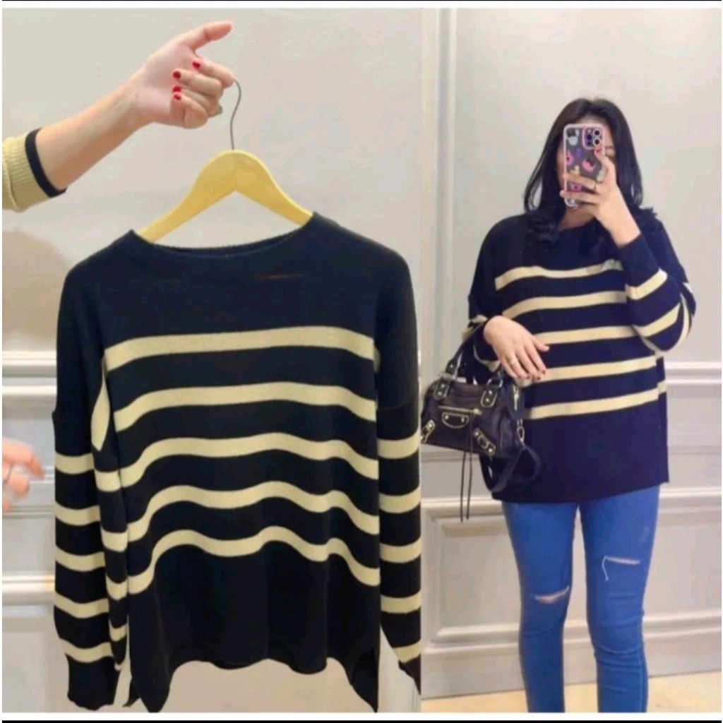 Sweater Rajut Wanita Oversize Motif Belang Atasan Terbaru Lengan Panjang