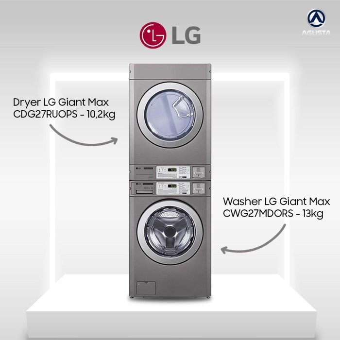 1 SET WASHER LG 13KG & DRYER LG 10,2KG GIANT MAX PAKET MESIN LAUNDRY KOMERSIAL (STACKED NON COIN)