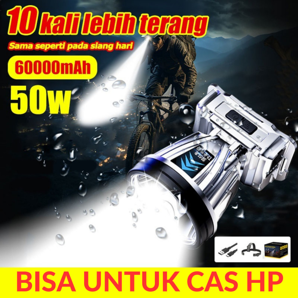 COD Senter Kepala Headlamp Outdoor Amason 50W SOS Portable Recharge Tahan Air Power Bank Bisa Untuk 