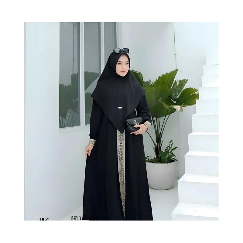 Gamis Lebaran Umroh Set Jilbab Hijab Wanita Premium Hitam Putih Syari Muslimah Bahan Nyaman Adem