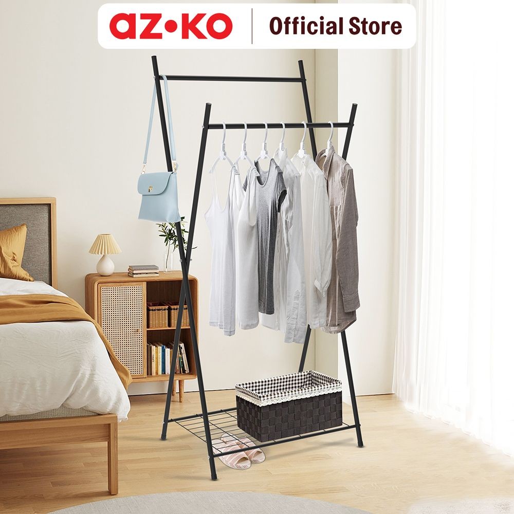 AZKO Stora Gantungan Pakaian Dengan Rak Penyimpanan X Shape - Hitam Stand Hanger Gantungan Baju Berd