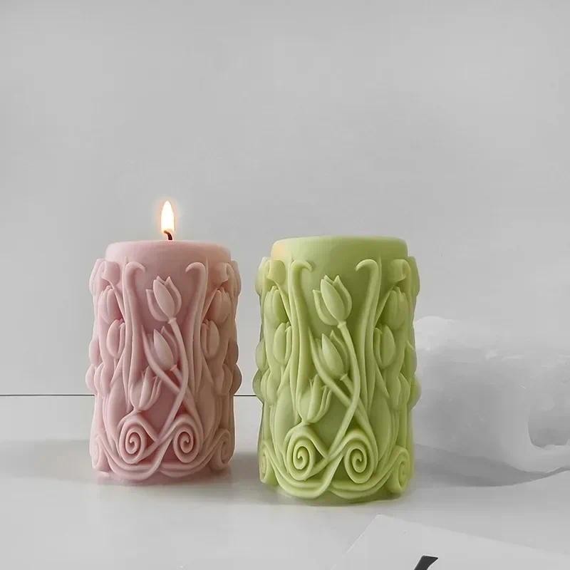 

Flower Pillar Silicone Mold Handmade Cylinder Aroma Candle Plaster Ornaments Mold Soy Wax Candles Making