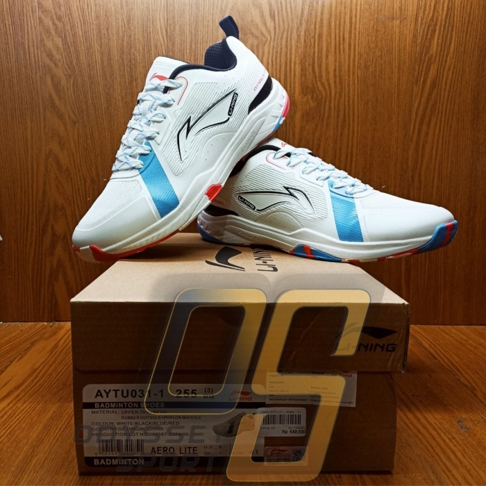 Sepatu Badminton Lining AERO LITE (White/Black/Blue) 100% ORIGINAL - 39