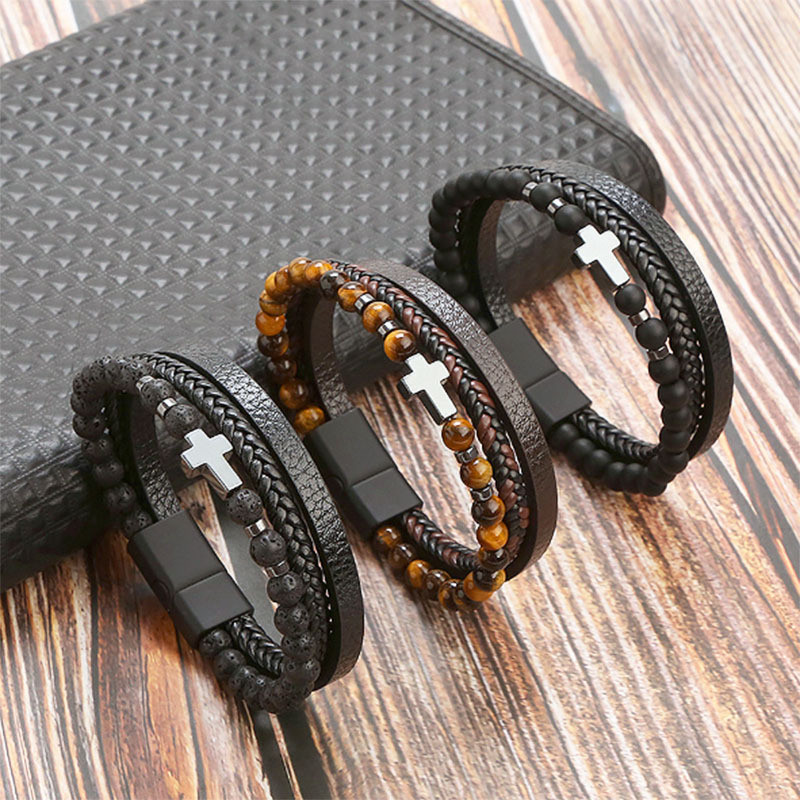 Vintage Multi-Layer Leather Bracelet Men Punk Cross Charm Tiger Eye Stone Beads Bracelet Fashion Bra