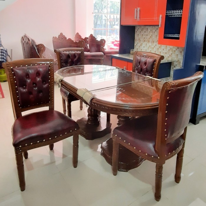 SET Meja makan oval kaca 4 kursi Salinah jati jepara grade A - 4 kursi