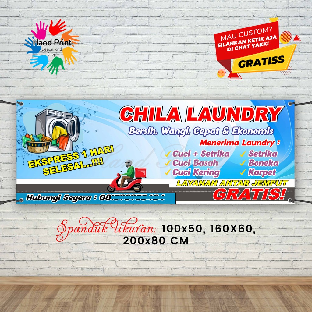 Cetak Spanduk Banner Toko Laundry Biru Bersih Wangi MMT Spanduk Custom 200x80