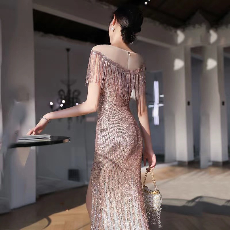 Champagne gold Gaun pesta korea strapless fringe lace feminin fishtail dress hot sale realpict