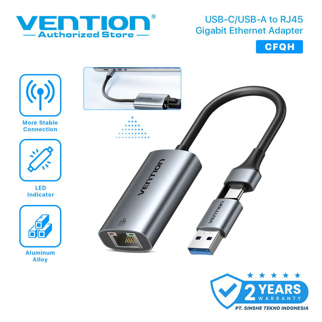 Vention 2in1 USB A Type C to LAN RJ45 Gigabit Ethernet Adapter High Speed Metal Alloy