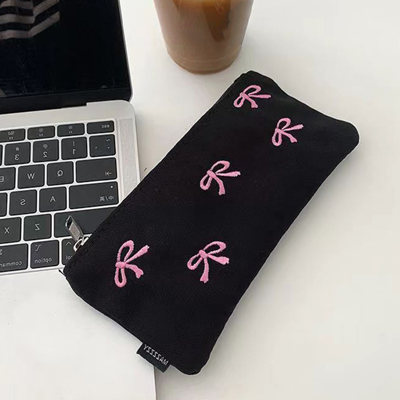 

Ins Style Simple Black Bow Pencil Case Large Capacity Pencil Storage Bag Cosmetic Bag Stationery Organizer School Supplies