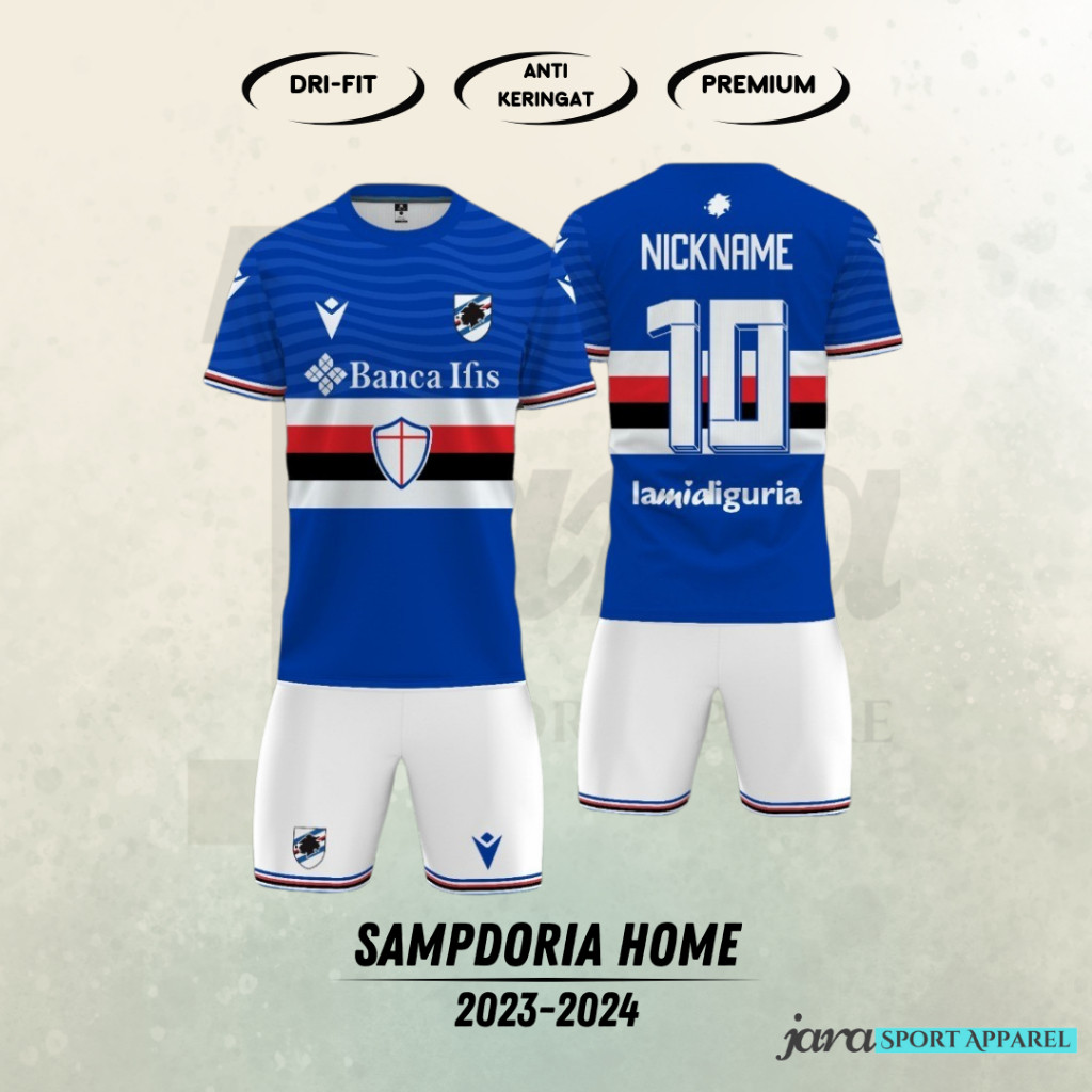 Jersey U.C SAMPDORIA HOME 2023 2024 Liga Itali SERIE B Full Printing Free Custom Nama dan Nomor