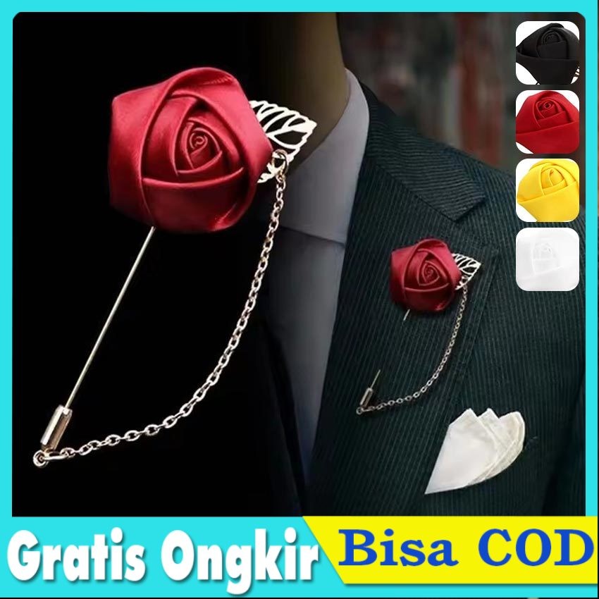 Bros Jas Premium Bunga Mawar & Rantai Emas - Pin Lapel Daun Simpel untuk Wedding, Acara Resmi, dan T