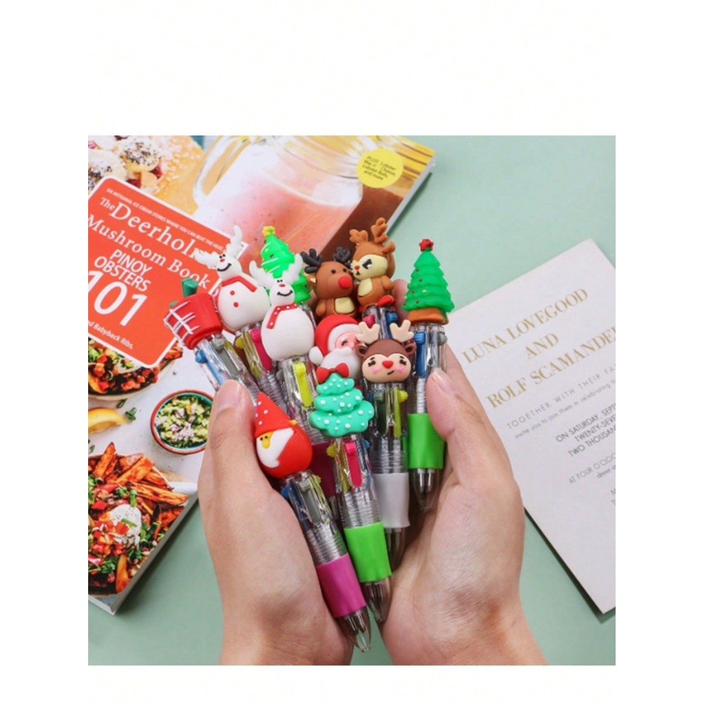 

Christmas mini four-color ballpoint pen cartoon deer old man 4-color oil pen account, colorful press pen, student gift