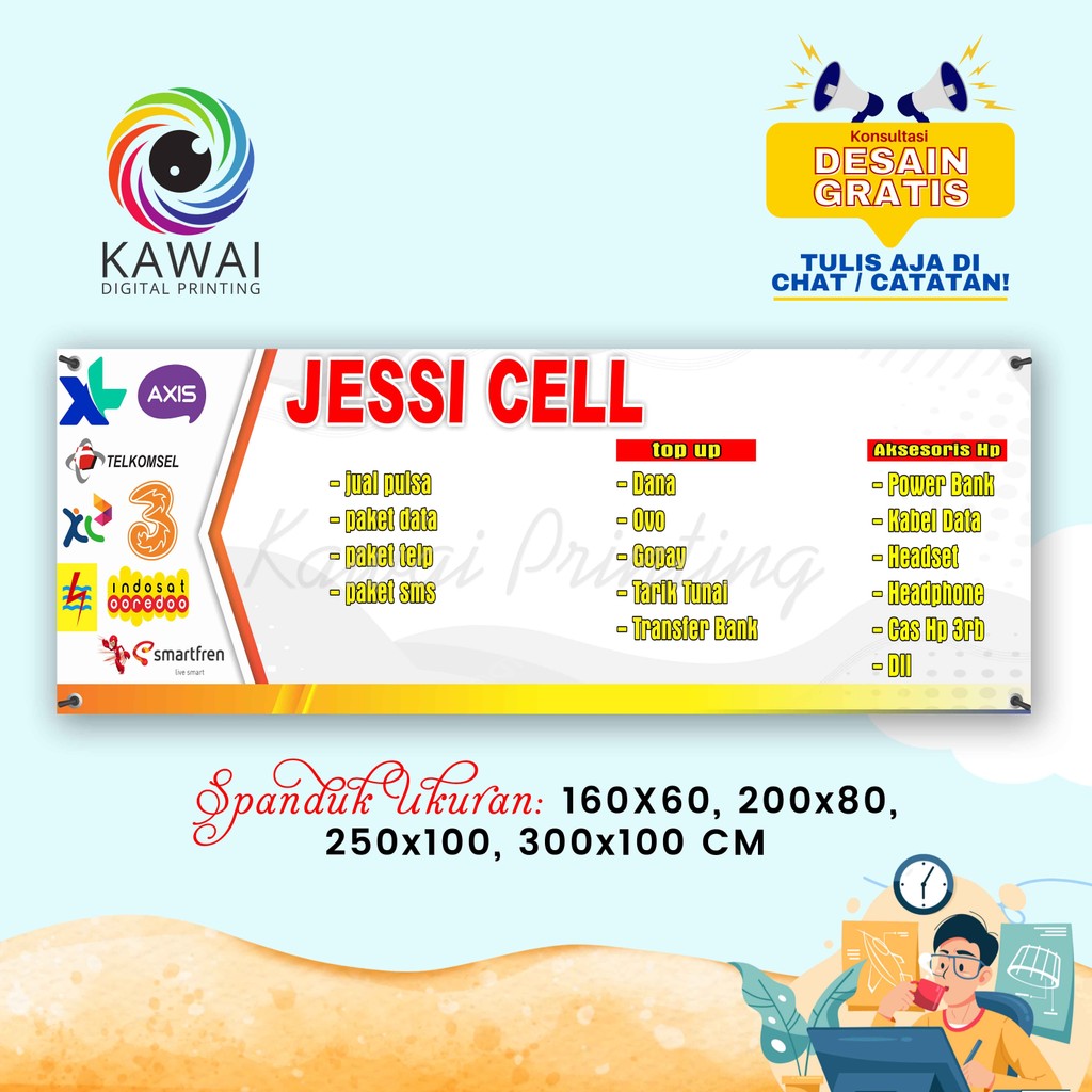 SPANDUK BANNER Konter Pulsa Putih Ukuran 300x100 CM
