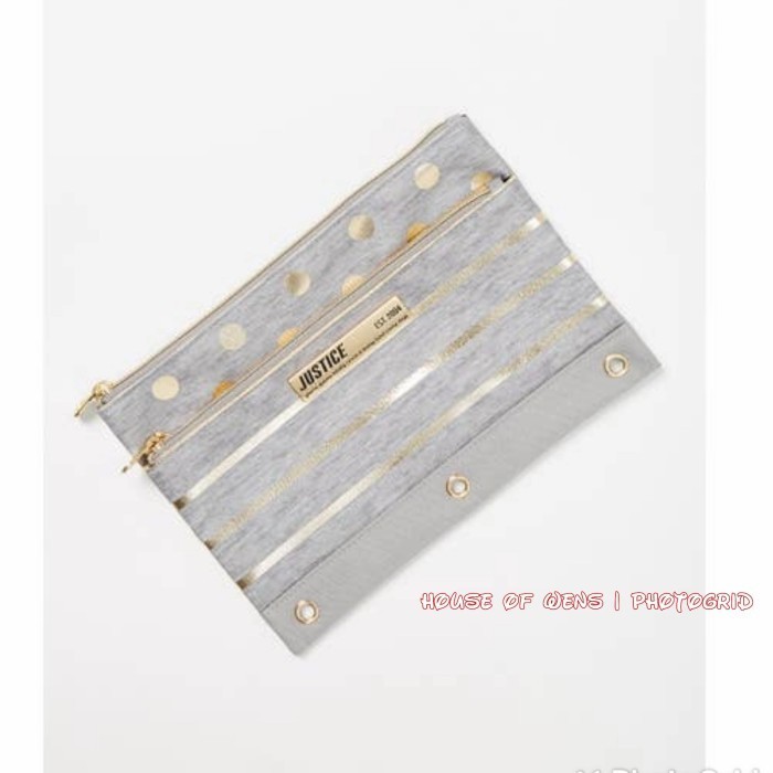 

JUSTICE GREY FOIL STRIPE AND DOT PENCIL CASE ORIGINAL - TEMPAT PENSIL
