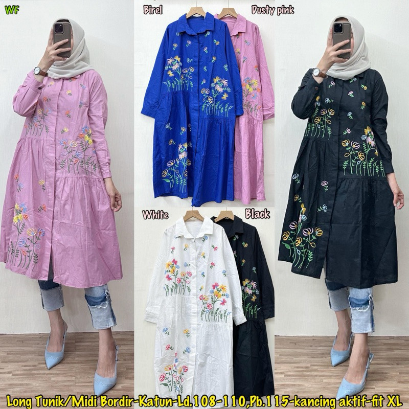 Yeshika Midi/long tunik midi/midi katun bordir/midi bestseller kekinian viral/midi bordir bunga/midi