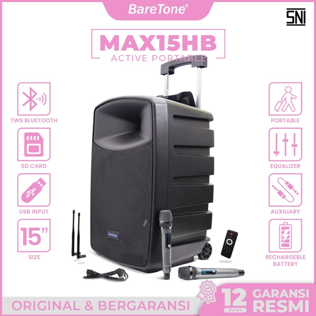BareTone Speaker Portable MAX15HB Speaker Bluetooth 15 Inch  Mini Portable Support Micro SD &amp; USB -Garansi Resmi 1 Tahun
