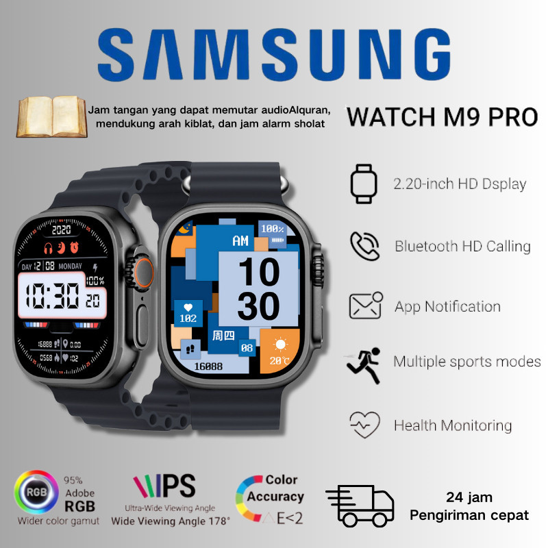 【100% Original 12 Bulan Garansi】Samsung Smartwatch M9 Pro Max  Muslim smart watch 2.2 inci layar musik lokal olahraga menonton koran smartwatch IP68 waterproof/Pemantauan detak jantung/Pria NFC jam pintar Cod Promo Flash Sale