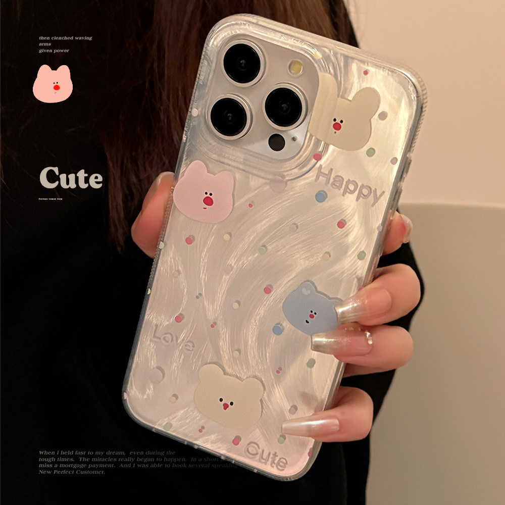 (777mobile) Color Bear case iphone 11 12 13 14 15 Pro Max 14 15 Plus garis bulu dicat dengan pola wa