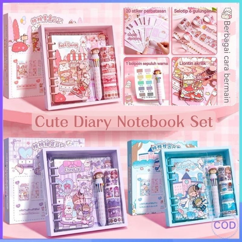 

【COD】Cute Diary Notebook set binder spiral folder Buku Jurnal Anak Dengan Diy Sticker Hadiah Anak