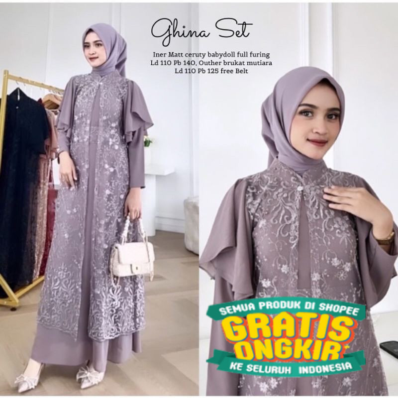 Ghina Set Brukat / Set Muslim Wanita Inner + Outer / Baju Setelan Muslim Matt Ceruty Babydoll Mix Br