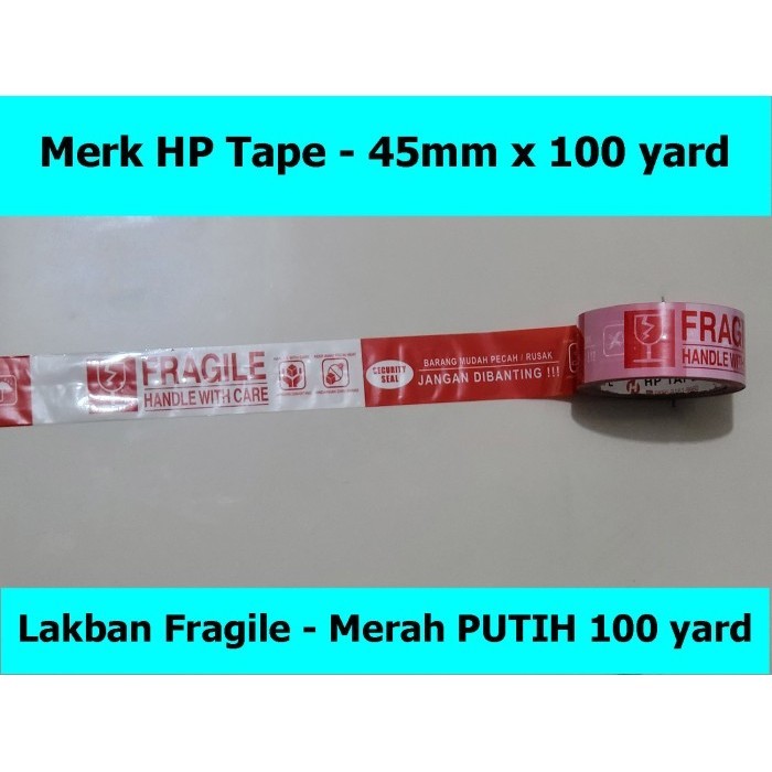 

LG09 lakban fragile merah putih Merk HP TAPE 45mm x 100 yard 2 in 1