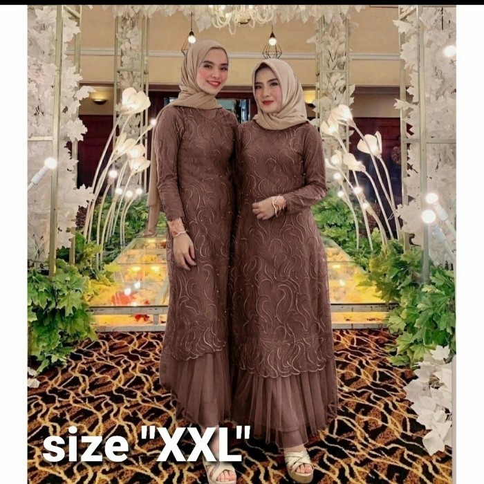 gamis genta coklat xxl dress pesta brukat tile cantik murah v