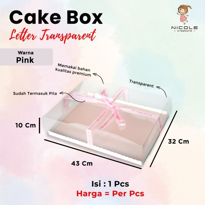 Cake Box Letter Transparant Mika/ Packaging Kue 43x32x10 cm - Pink, Letter