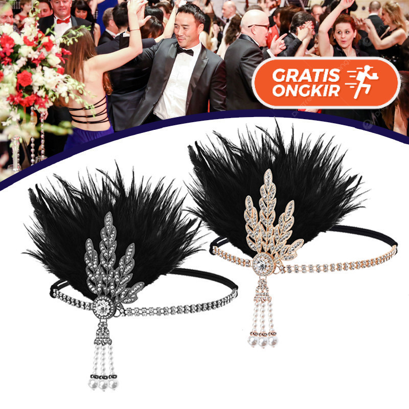 Terlaris ~Headband Headpiece Bulu Gatsby Sequin Pesta Mahkota Flapper Bulu Gatsby Pesta Mewah/Gatsby