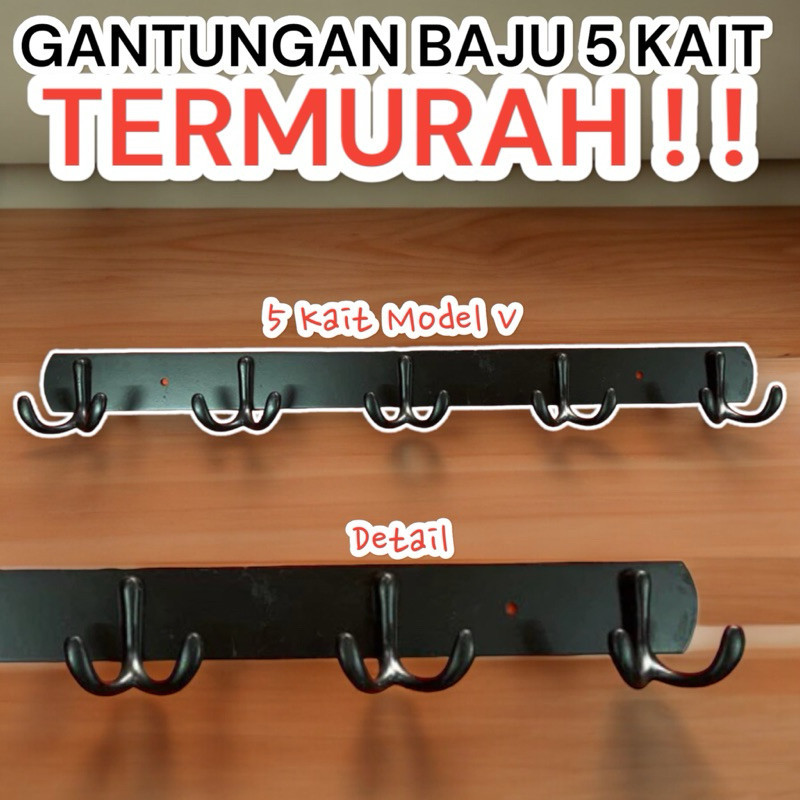 Gantungan Baju Pintu Tembok 5 Kait Bahan Stainless hitam / Gantungan Kait Pintu Tembok Stainless