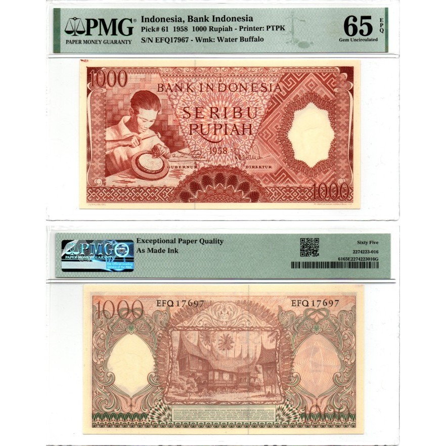 Uang Kertas 1000 Rupiah Seri Pekerja Tangan I (Tahun 1958) PMG 65 EPQ