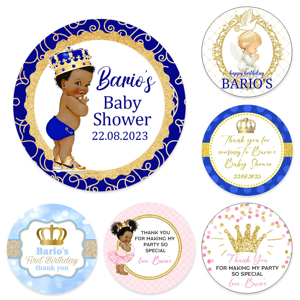 

Royal Prince Baby Shower Sticker Custom Kids Birthday Baptism Labels Personalise Candy Treat Bags Packaging Blue Gold Gift Decor