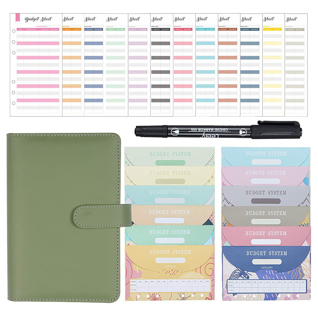 

A6 PU Leather Budget Binder Notebook Money Envelopes Organizer for Cash Saving with Cash Envelopes,Expense Sheets and Marker Pen