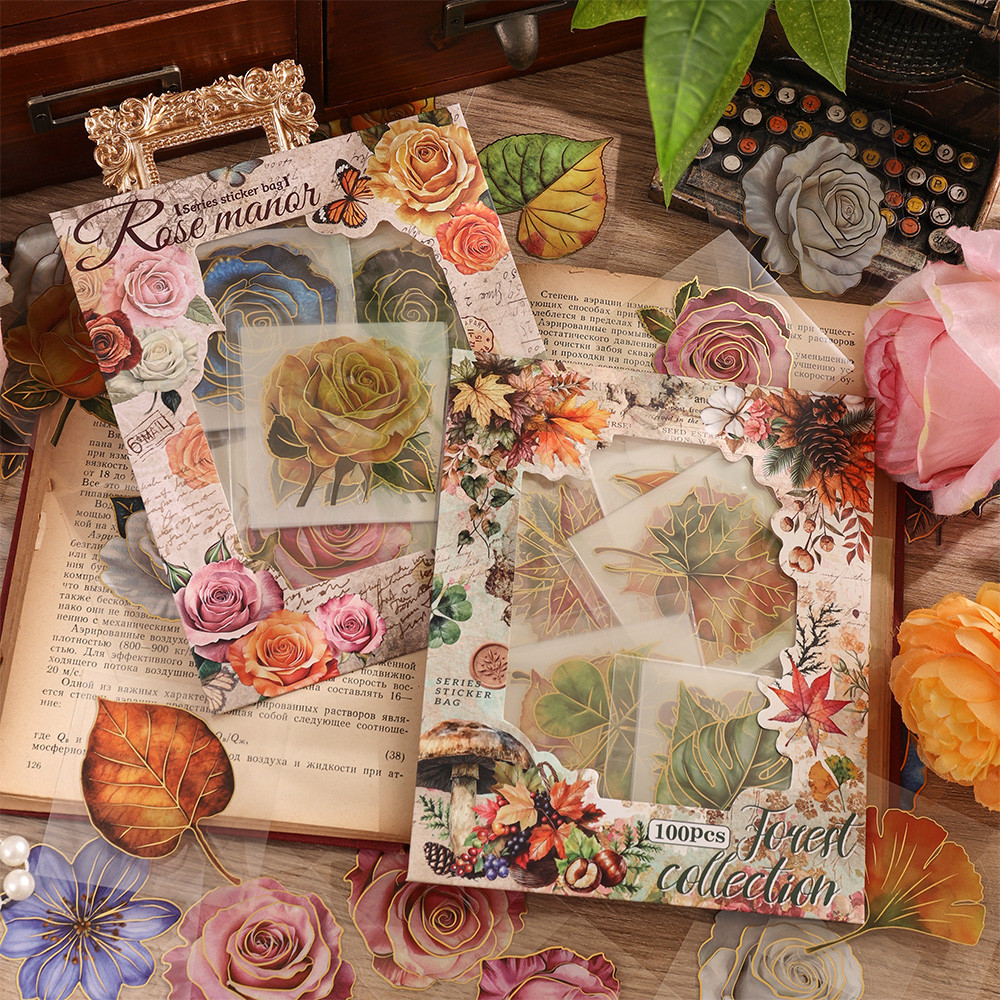 

100 sheets Vintage Leaf Plant Rose PET Scrapbooking Sticker Pack Waterproof Decorative Material Aesthetic Sticker For DIY Craft