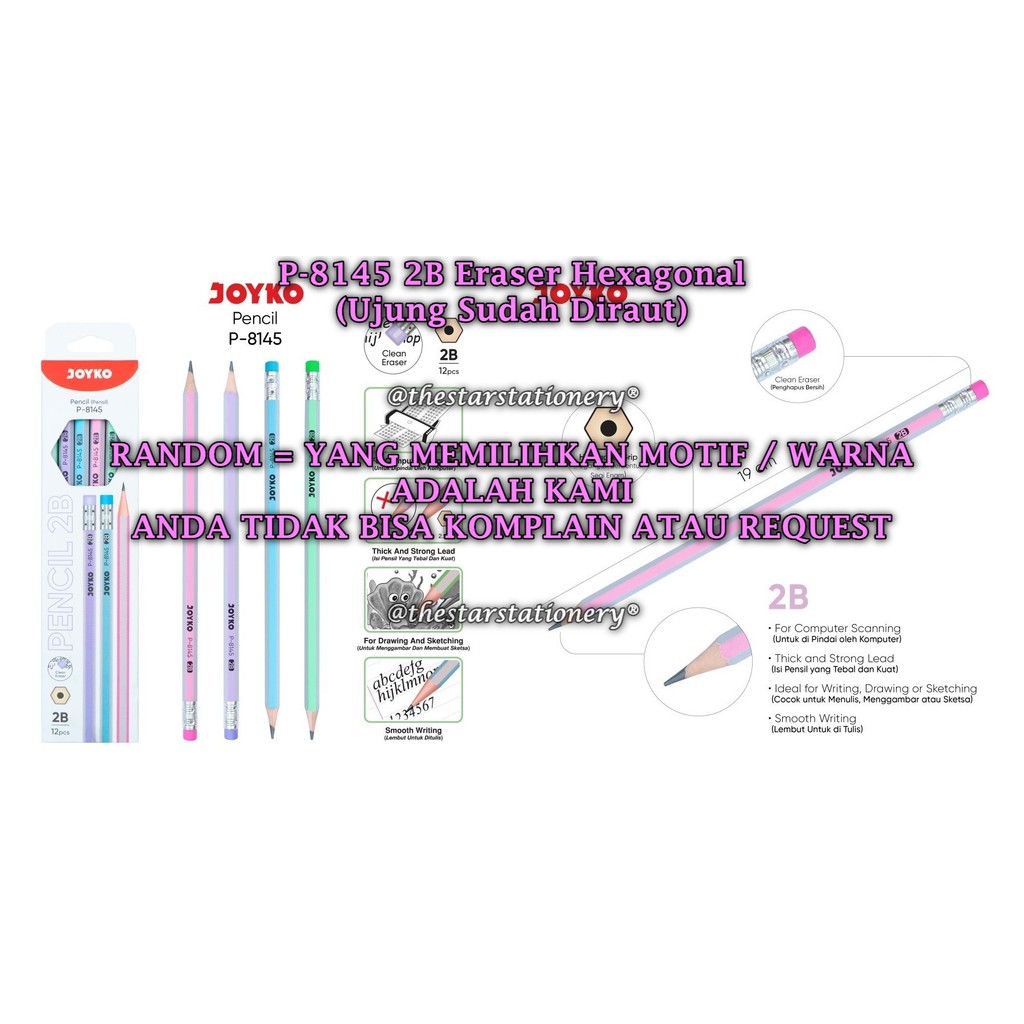 

(1 Biji) GROSIR Pensil JOYKO P-8145 2B Hexagonal RANDOM / Pencil Pensil Joyko P-8145 2B (1 Biji)