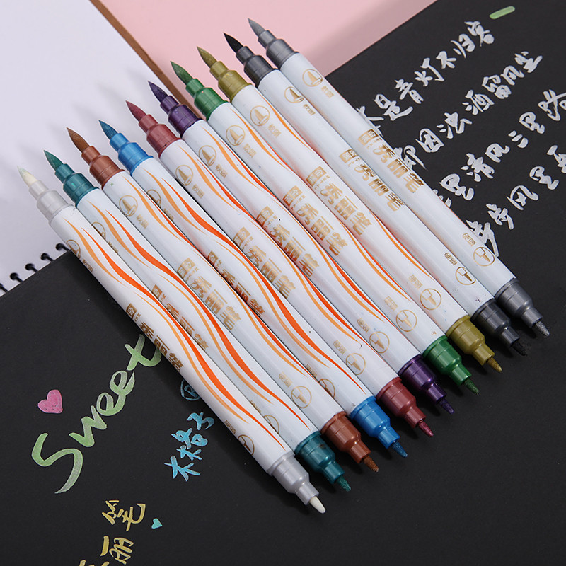 

10 Colors/Set Fine Point Brush Metallic Marker Pens Double Tip Markers for Black Paper, Calligraphy Art Pen Painting Drawing